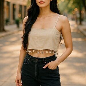 Jason Wu Beige Linen Blend Crop Top with Beaded Hem 10